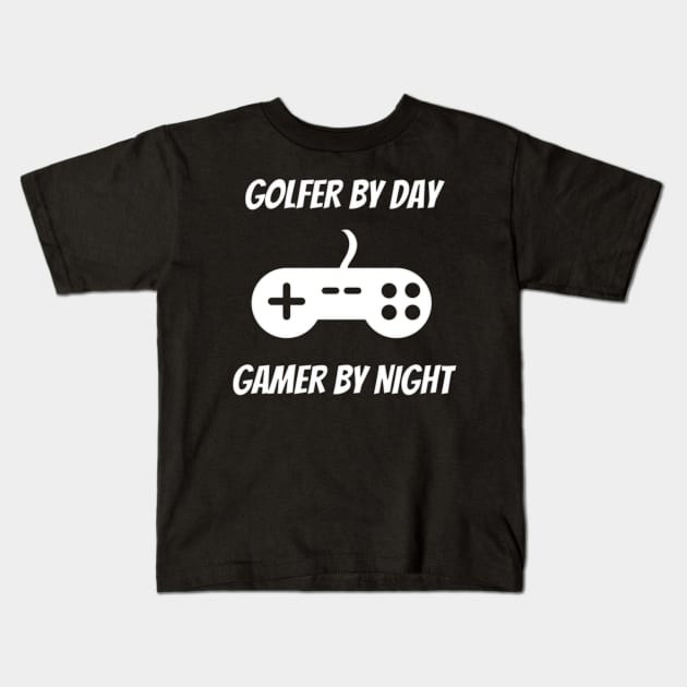 Golfer By Day Gamer By Night Kids T-Shirt by Petalprints